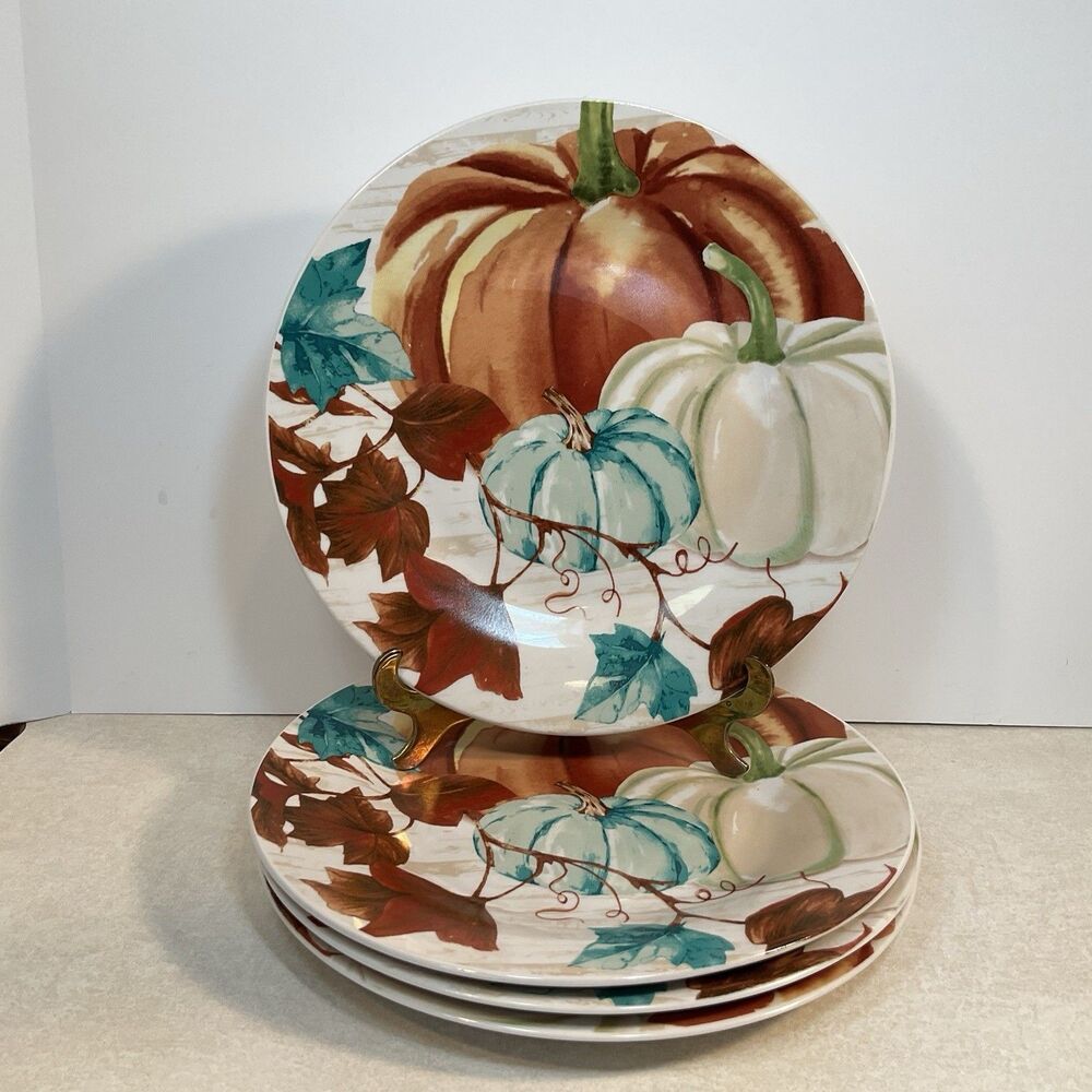 Set Of 4 Royal Norfolk Pumpkins Fall Autumn Dinner Plates 10.5” Harvest NEW